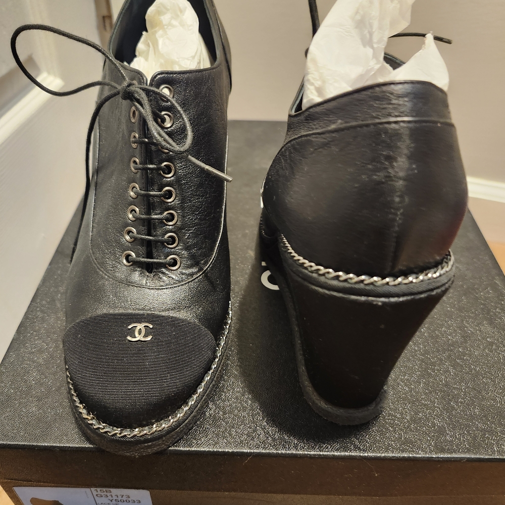 CHANEL Black Leather Lace-Up Platform Heels with Chain Trim
